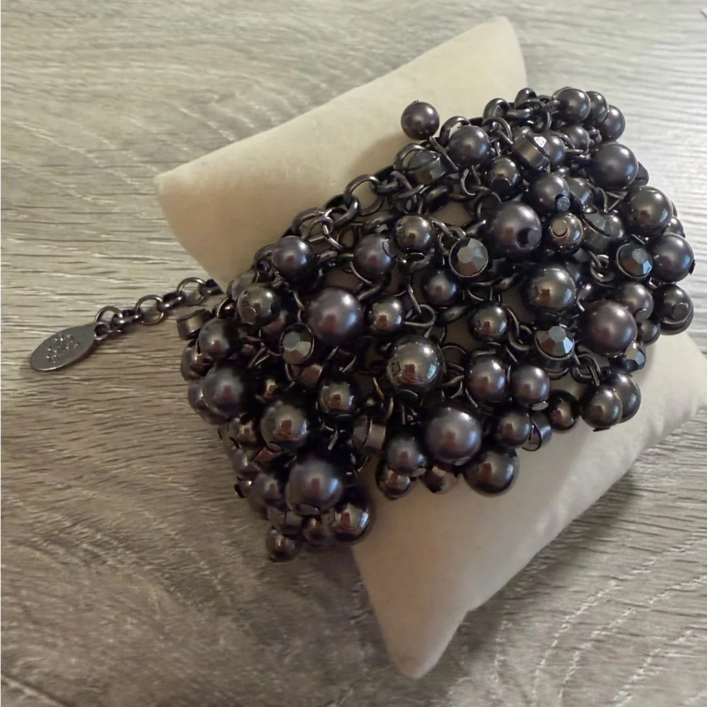 #715 Gunmetal Beaded Statement Bracelet Multi Strand Vintage Style‎